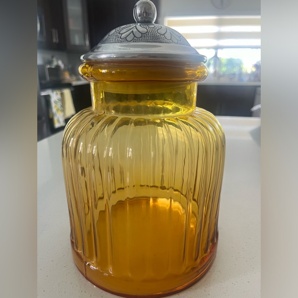 Pier 1 like new yellow gold glass decor container